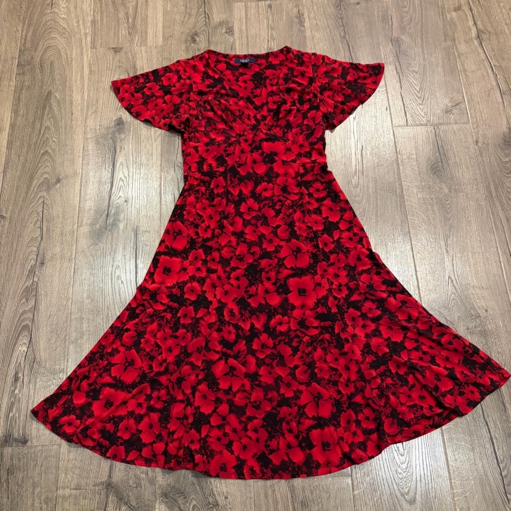 Chaps Dress Dark Floral Red Flutter Sleeve Midi Office Fit Flare Surplice S - Picture 7 of 14